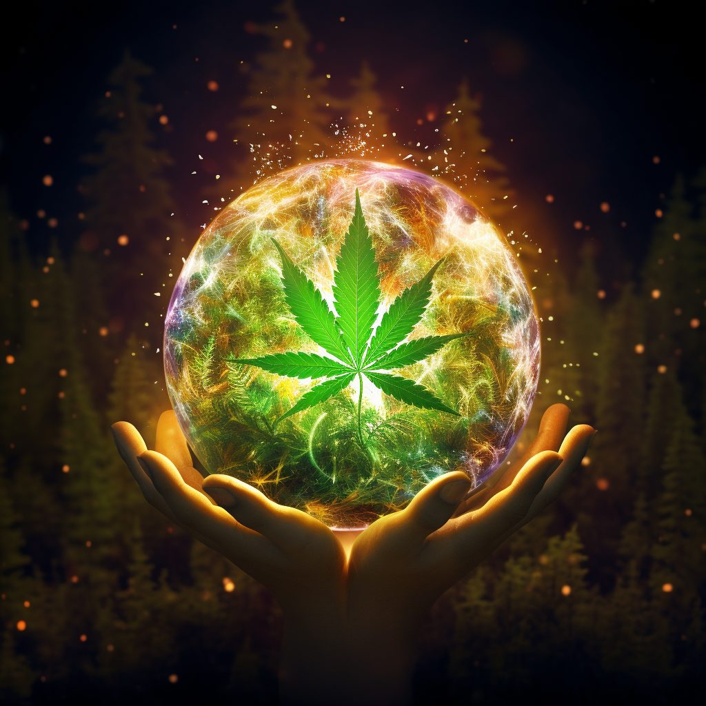 Image of a pot leaf within a sphere of light being held in cupped hands.