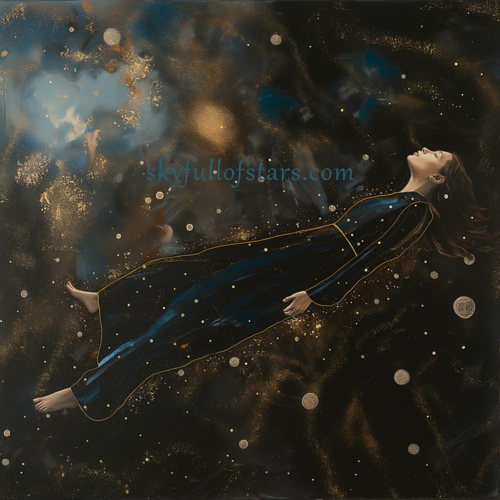 A brown-haired, white woman in a long, navy gown floats blissfully in cosmic space.